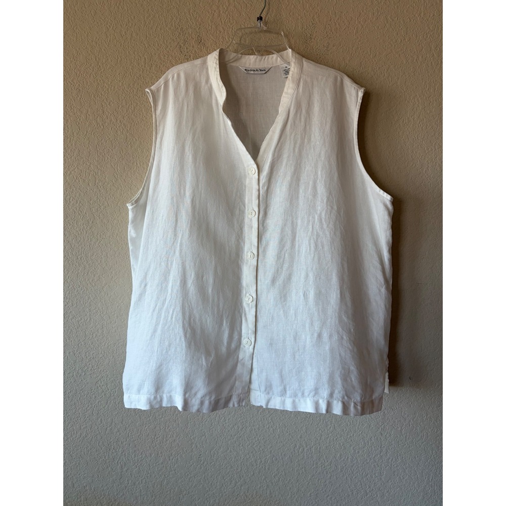 Preston & York White 100% Linen Sleeveless Button Down Blouse XL Mandarin Collar